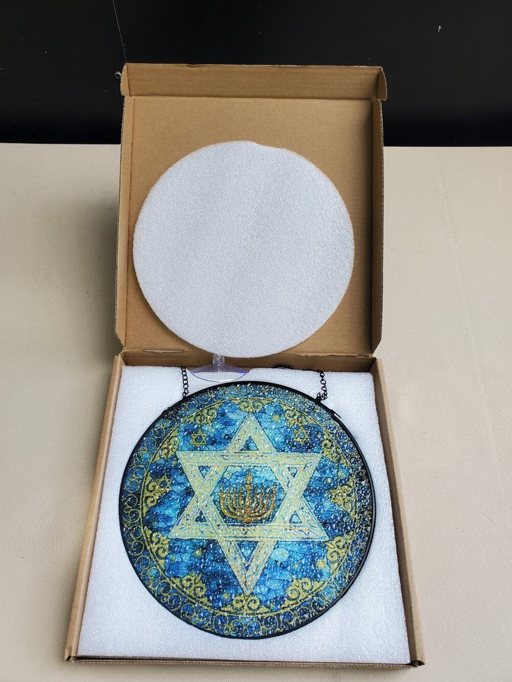 Star of David Menorah Suncatcher Stained Glass Mosaic Art Window Hanging Blue